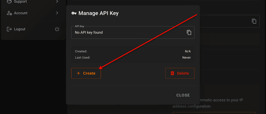 The Manage API Key dialog before a key exists, reading No API key found, with the Create button highlighted